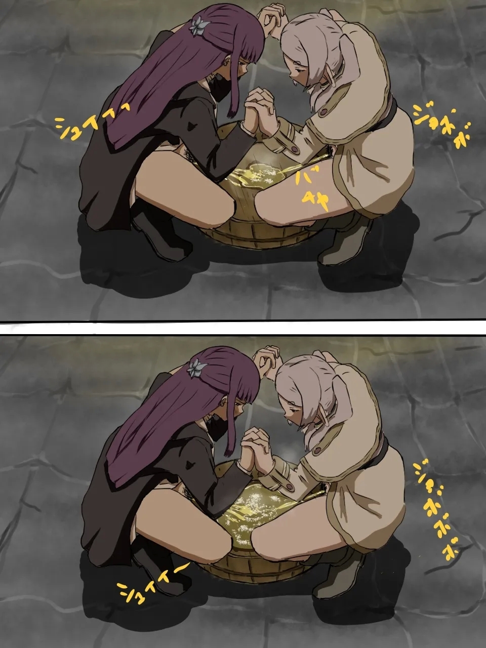 Frieren and Fern collecting urine in a wooden bucket 5