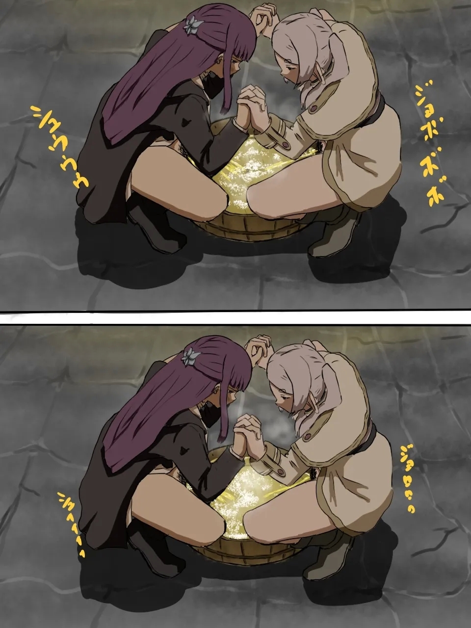 Frieren and Fern collecting urine in a wooden bucket 6