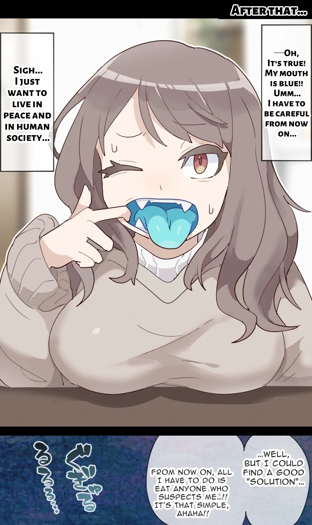 A vore manga where you are shrunk by a girl with blue mucous membranes and then swallowed whole 5
