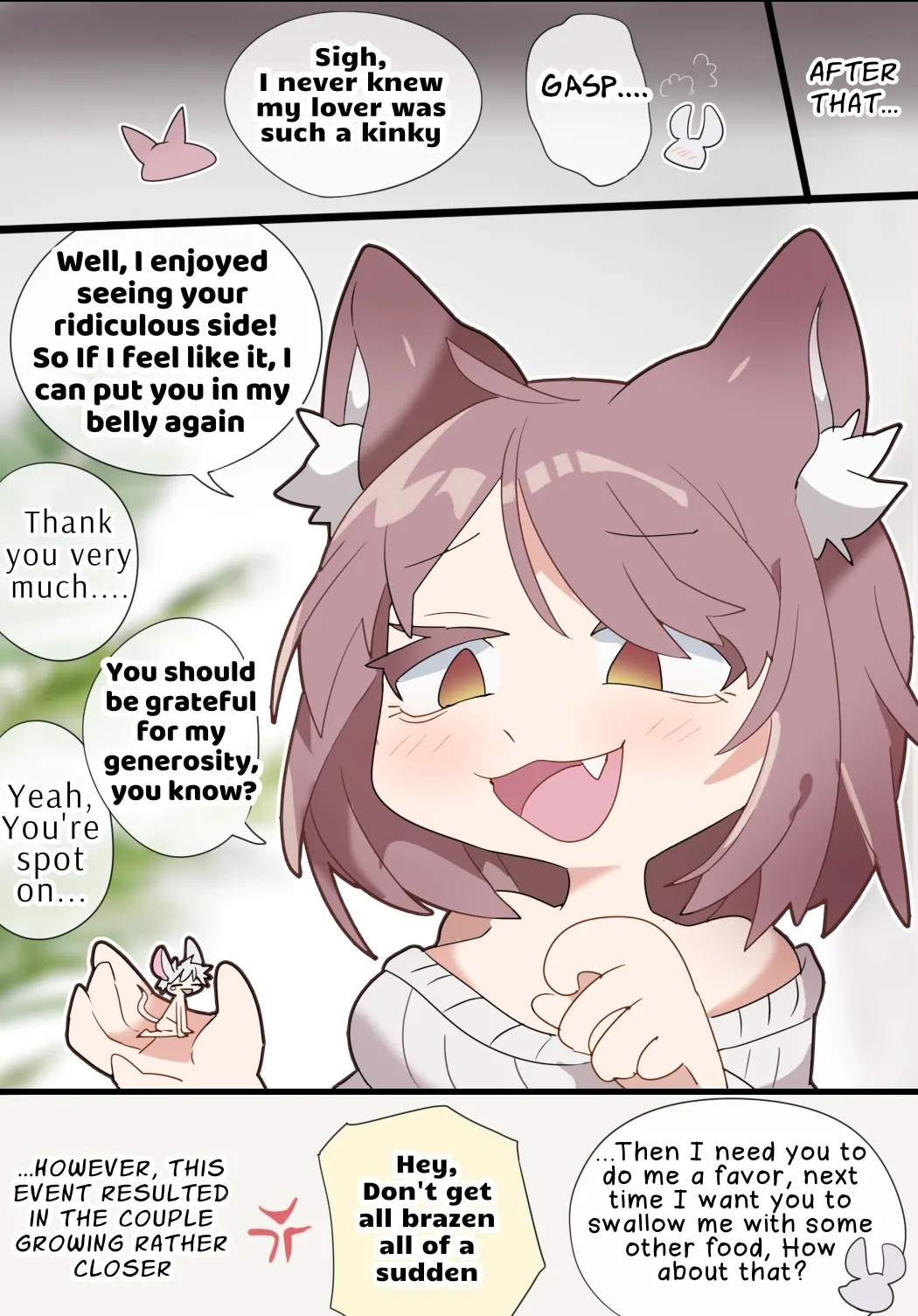 A vore manga of a giant girl with animal ears swallowing her tiny lover whole while cursing him 5